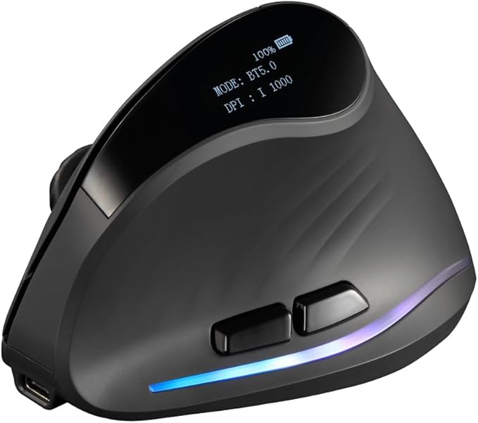 zelotes Bluetooth Wireless Vertical Mouse with DisplayRechargeableDual Mode (BT 5.0/3.0 + 2.4G USB Receiver)4000 DPI(5-Level Adjustable)Optical Portable Ergonomic Mouse for PCLaptopTabletsBlack