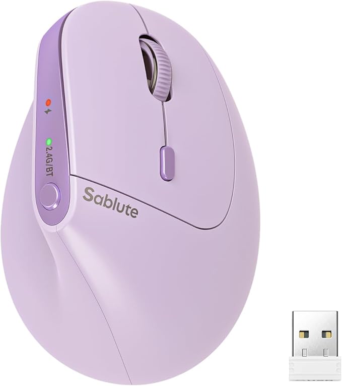 SABLUTE MAM3 Ergonomic Mouse Rechargeable Wireless Vertical Mouse with 4 Adjustable DPI for Small/Medium Hands Dual-Device Connectivity for Computer/LaptopBluetooth Mouse for WindowMac OSPurple
