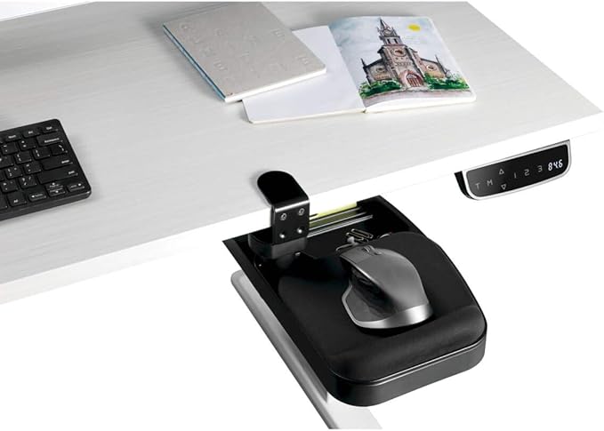 TRIPP LITE Under Desk Storage Tray Clamp-on Storage Tray w Mouse Pad Wrist Rest - Office Desk Organizer 360 Swivel 5-Year Warranty (DMUDSC)