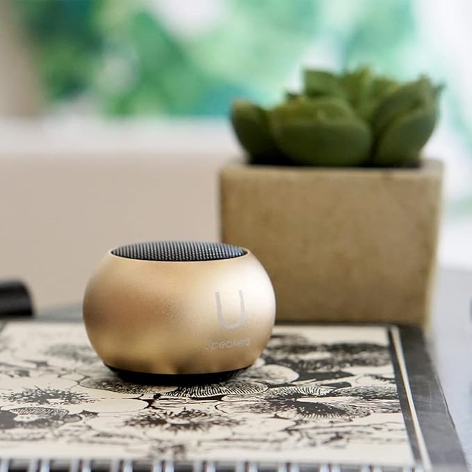 Fashionit U Speakers Mini Bluetooth Computer Speaker 2-Pack Bundle with Matching Speaker Built-in Mic &amp Selfie Remote Control for Workspace Desktop Laptop Mobile Tablet PC - Gold