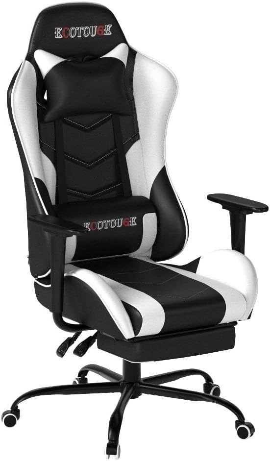 ECOTOUGE PC Massage Gaming Chair with Footrest Ergonomic Office Desk Chair Racing PU Leather Recliner Swivel Rocker with Headrest and Lumbar PillowWhite