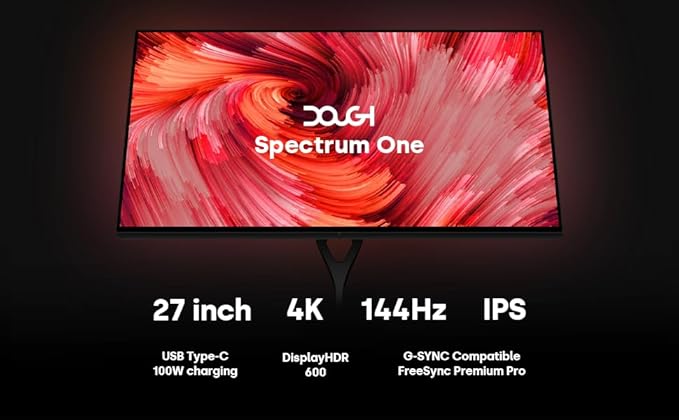DOUGH Spectrum One 27-Inch Gaming Monitor - 4K HDR 144Hz Refresh Rate 1ms Response IPS Panel Freesync Premium Pro USB-C Docking DisplayPort HDMI (Eve Spectrum) (Monitor with Stand Glossy)