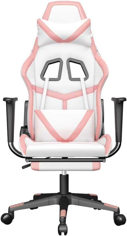 Massage Gaming Chair with Footrest White&ampPink Faux Leather