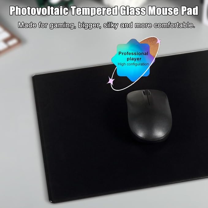 Docooler Photovoltaic Glass Gaming Mouse Pad with Non-Slip Tempered Glass Professional Mouse Mat for Desk Special Glass Surface＆Sides All Around for Computers Gamer Office&ampHome3 Sizes (All Blac