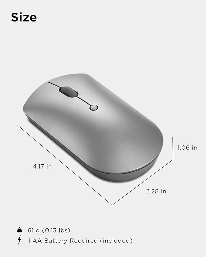 Lenovo 600 Bluetooth Silent Mouse Blue Optical Sensor Adjustable DPI 4 Button Microsoft Swift Pair Windows Chrome GY50X88832 Gray