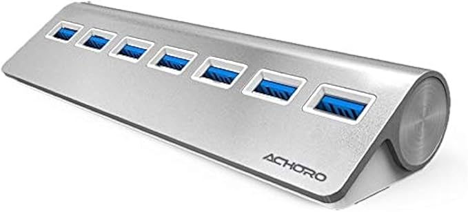 Achoro 7 Ports USB 3.0 Hub - Triangle Aluminum Alloy - High-Speed USB Port Expander - Compatible with PC iMac MacBook Windows Desktop and More – Computer Multiple USB HUB (Silver)