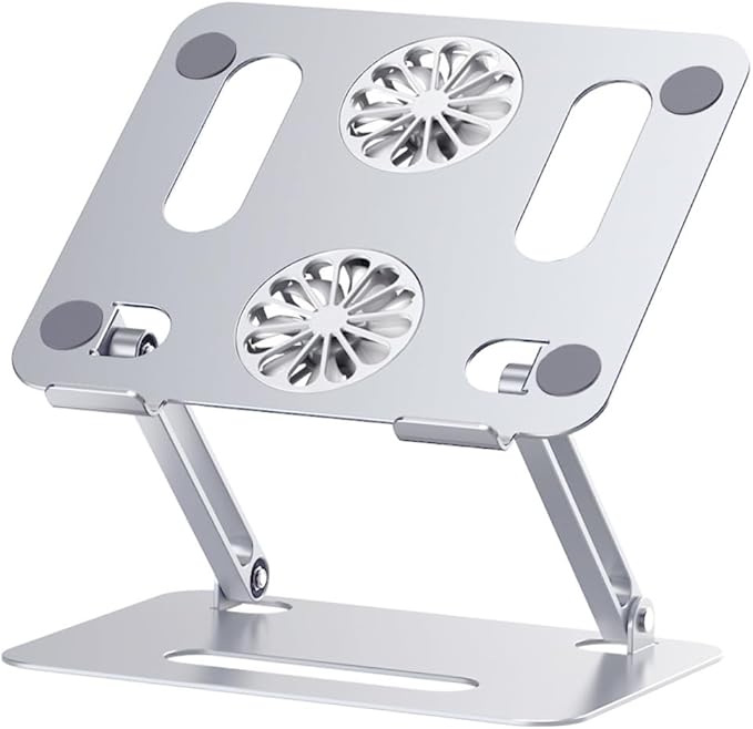 Veemoon Adjustable Aluminum Alloy Laptop Cooling Pad with Dual Quiet Fans Foldable Elevated Notebook Cooler Stand Under 17.3 Inch Laptops Silver USB Powered Suitable for Office