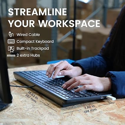 Perixx PERIBOARD-534 US Wired Compact USB Keyboard with Touchpad - X Type Scissor Keys - 15.63x7.80x1.18 inches - Build-in 2 USB Hubs and Number Pad