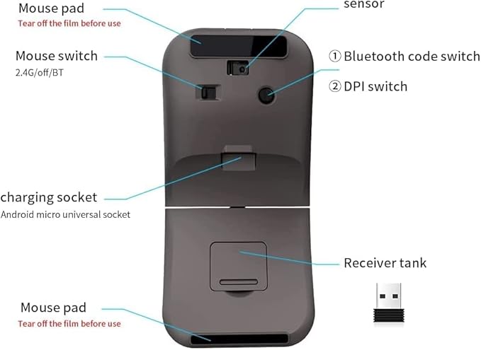 Mikayoo Foldable Arc Wireless Mouse Bluetooth 5.1 &amp 2.4G Dual Mode Rechargeable Travel Mouse Silent Click 3 Adjustable DPI Slim Portable Mouse for Laptop PC Mac Office &amp Travel (Black)
