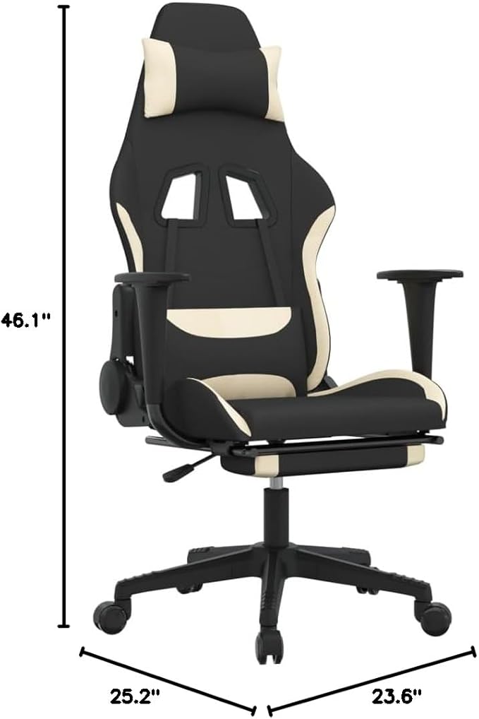 Massage Gaming Chair with Footrest and Lumbar Support Computer Chair Height Adjustable Game Chair with 360°-Swivel Seat and Headrest Black and Cream Fabric -AA