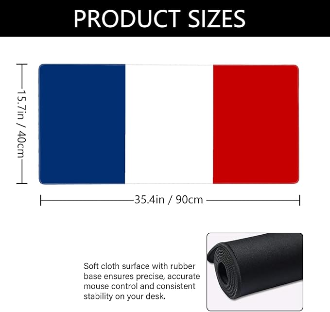 French Flag Large Mouse Pad Gaming Mousepad Desk Mat for Desktop Computer Keyboard Waterproof Mouse Mat Desk Pad with Non-Slip Base for Game School Office Home 35.4 x 15.7