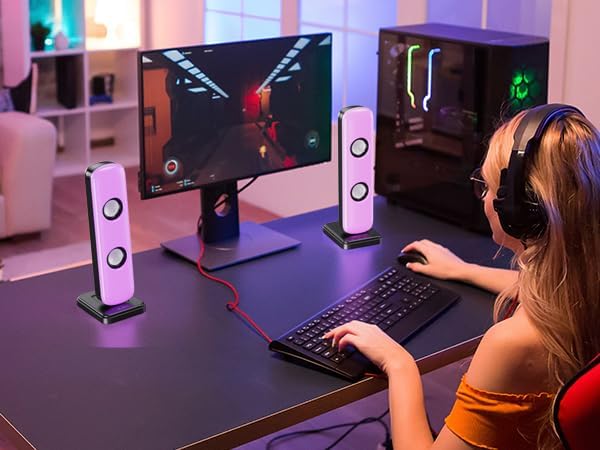 NJSJ Computer Speakers for Desktop 20W Hi-Fi Stereo Gaming Speakers with Bluetooth &amp 3.5mm Aux-in Connection Controllable RGB Lights AC Adapter Powered PC Speakers for Laptop Monitors Phones
