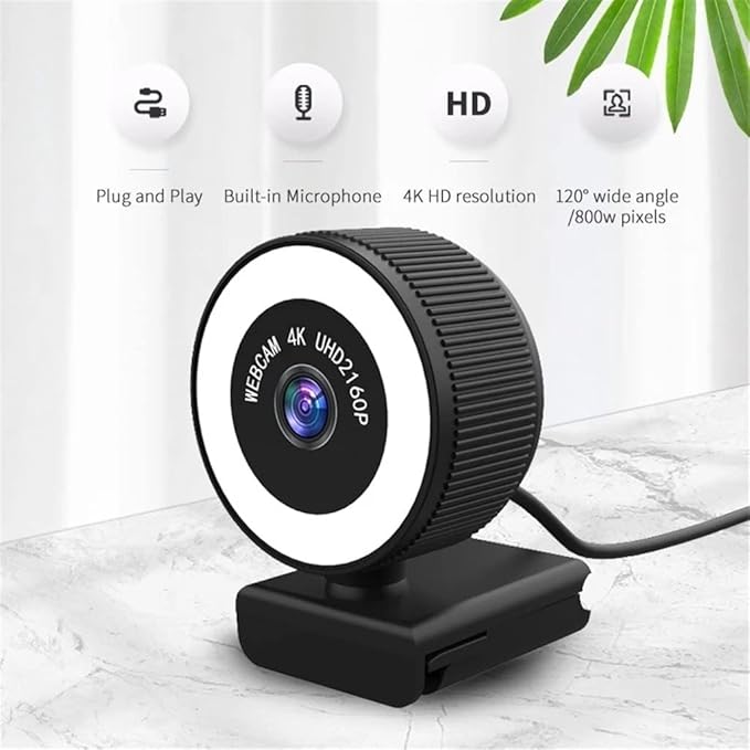 Webcam 4k Web Camera Adjustable Brightness Fill Lamp with Microphone for Computer Video Calling Conference Work