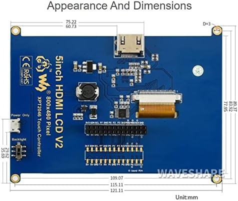 waveshare TOP1 5 inch Resistive Touch Screen LCD 800×480 Pixels HDMI Display Port 5 TFT LCD Panel Monitor Supports Raspberry Pi 4B/3B+/3A+/3B SPI Touch Port