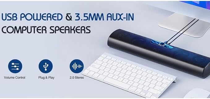 Computer Speaker Soundbar Wall Mountable Wired PC Speakers Sound Bar Powered with Volume