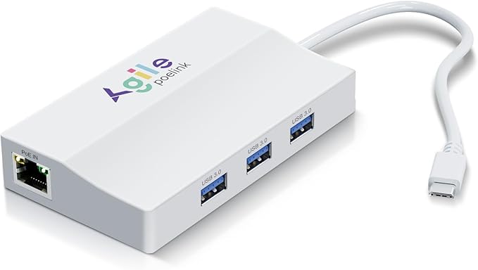 PoE to USB C Hub USB-C to Ethernet Multiport Adapter Plug &amp Play 5 in 1 (Gigabit Ethernet 23W Powered by POE 802.3at 3*USB 3.0) to Type-C Adapter for Smart Phone/Tablet