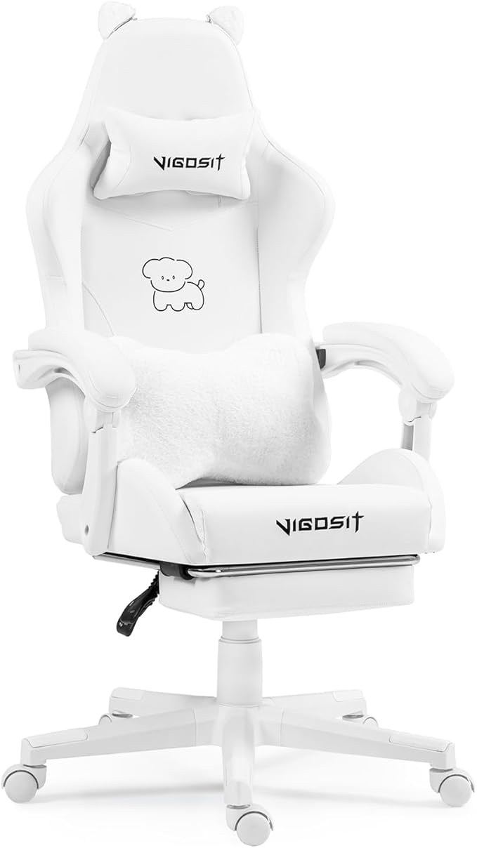 Gaming Chair Cute Cat Computer Chair with Footrest and Headrest Ergonomic Gaming Office Desk Chair with Lumbar Cushion Height Adjustable 360° Swivel Recling Chairs for Adults