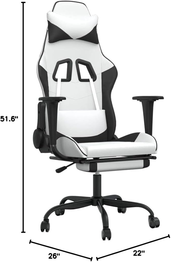 Massage Gaming Chair with FootrestFaux Leather Computer Game ChairMassage Office ChairErgonomic Desk Chair PC Gaming Chair for Adults Teens(White&ampBlack)