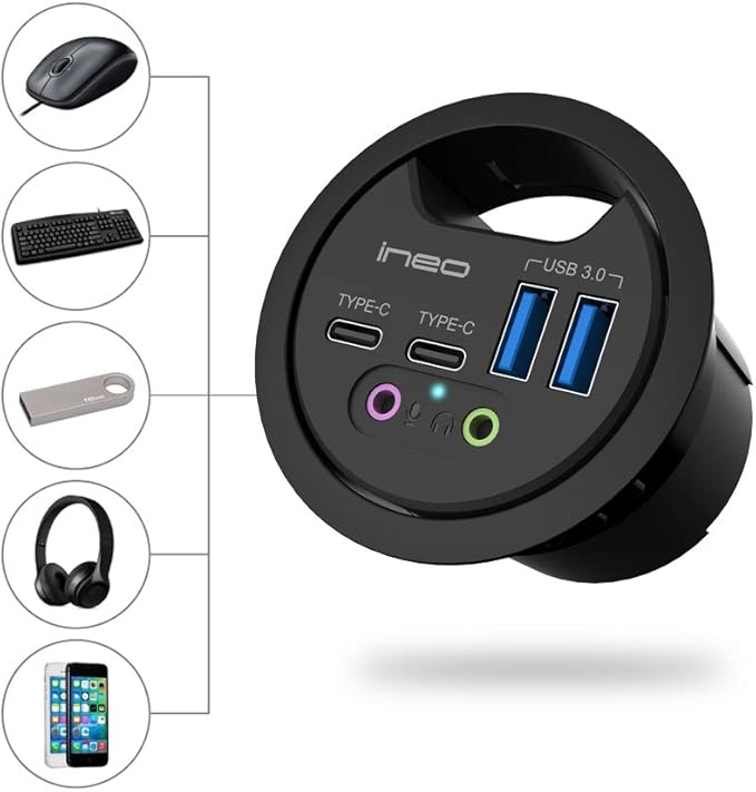 ineo Grommet Desk-Fit (Diameter 2.3 to 2.4) 2Type A + 2Type C with 3.5mm Audio Mic Jack + 3.2 Expandable case (Power is not Included)[THC06 - VI Plus]