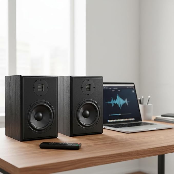 6.5 Power Bluetooth Bookshelf Speakers Pair with 4 inches Air Motion Tweeter Near Field Studio Monitor Speaker Bluetooth V5.0RCAOptHMDI(ARC)USB and Remote Control (6.5 inches)