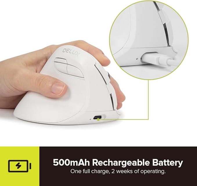 DELUX Left Handed Ergonomic Mouse Mini Wireless Vertical Mouse Silent Click Ergonomic Mouse Up to 4000 DPI 6 Buttons Rechargeable Bluetooth/2.4G/ Wired Tri-Mode for Laptop/PC (M618ZD-White)