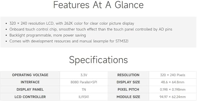 waveshare 3.2 Inch 320x240 Multicolor Graphic LCD with Touch Panel and Stand-Alone Controllers