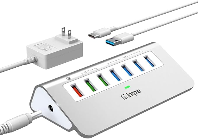Powered USB Hub 10Gbps 7 Port USB 3.2 Gen 2 Hub with 4 USB 3.2 Data Ports 3 Fast Charging Ports 36W Power Adapter Type A and Type C Cable Aluminum USB Data Hub for Mac PC Laptop