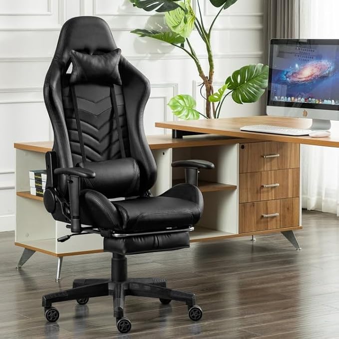 Ergonomic Gaming Chair with Footrest Adjustable Reclining Gamer Chair with Lumbar and Head Pillow Support Swivel Office Gaming Chair with Pleather Upholstery High-Back Chair (Black)