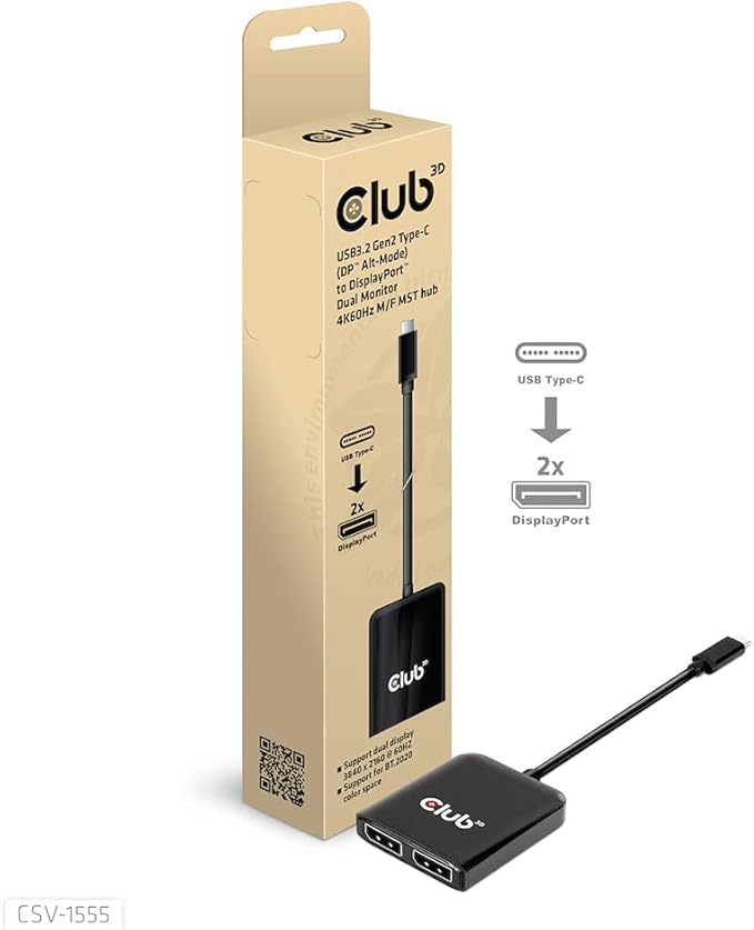 Club 3D CSV-1555 USB3.2 Gen2 Type-C(DP Alt-Mode) to DisplayPort Dual Monitor 4K60Hz M/F MST hub