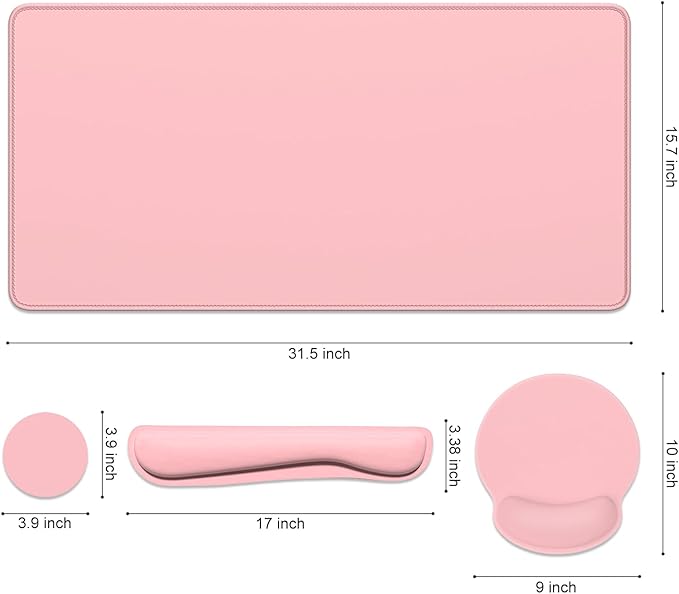 Dapesuom Large Gaming Mouse Pad Pink Mouse Pads with Wrist Rest Wrist Support 4in1 Big XXL Desk Mat Desk Pad + Ergonomic Mousepad + Memory Foam Keyboard Mat Wrist Rest + Coaster Set for Computer