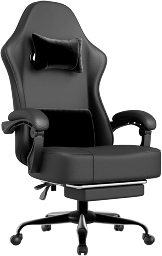 Gaming Chair Ergonomic Office Chair with Linkage Armrests High Back Computer Desk Chair with Retractable Footrest &amp Adjustable Headrest 350 lbs Capacity (Black)