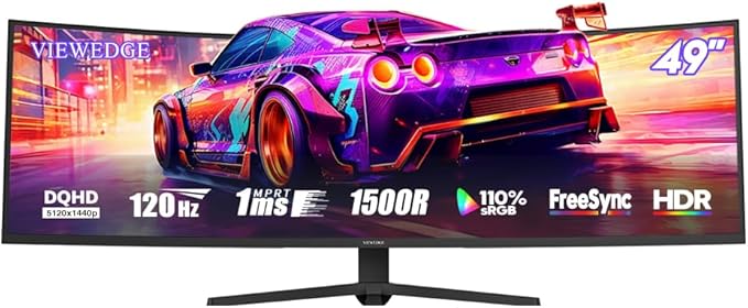 Viewedge 49 Curved Monitor Ultrawide Gaming 120Hz 1ms 32:9 DQHD 5120 x 1440P Computer Monitor R1500 110% sRGB DisplayPort HDMISupport Crosshair and Wall Mount