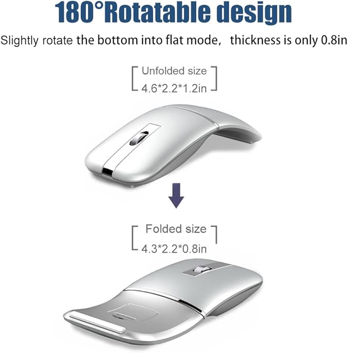 Foldable Arc Wireless Mouse Silent Click Bluetooth 5.0 and 2.4GHz Dual Modes Portable Curved Mouse for Home Office Travel (Silver)