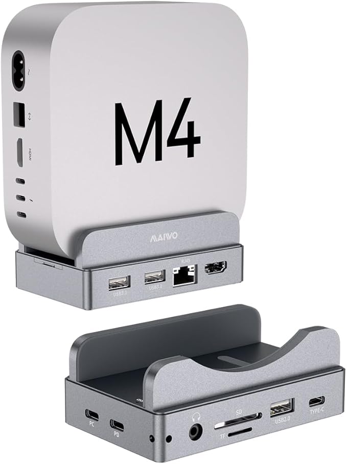 MAIWO Mac mini M4 Dock &amp Stand with M.2 SATA NVMe Enclosure 9-in-1 M4 Pro Hub with 2xUSBA 3.1 1xUSBA 2.0 USB C Data Port Up to 10Gbps 1 Gigabit Ethernet Port MIC Audio HD 4K Port SD/TF Slot