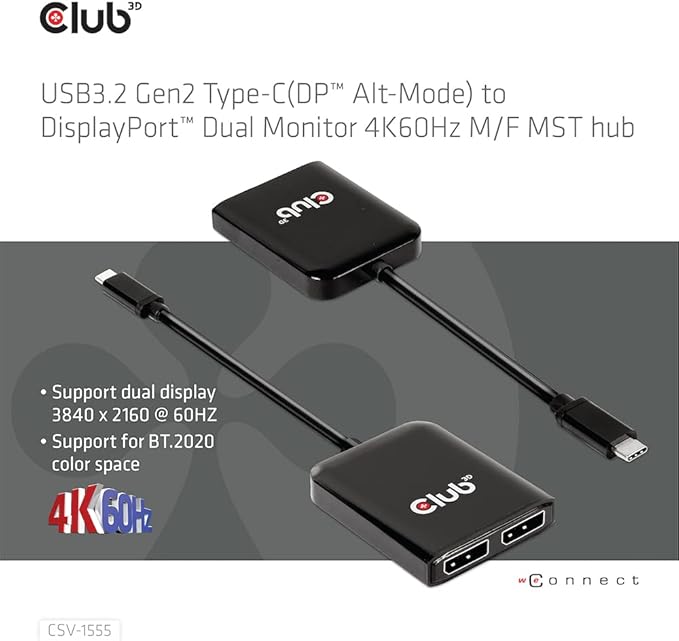 Club 3D CSV-1555 USB3.2 Gen2 Type-C(DP Alt-Mode) to DisplayPort Dual Monitor 4K60Hz M/F MST hub