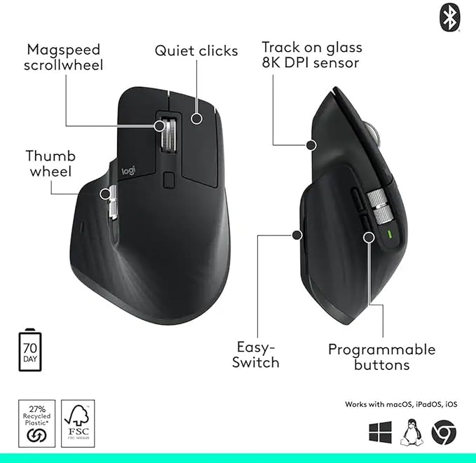 Logitech MX Master 3S - Performance Wireless Mouse with Ultra-Fast Scrolling Ergo 8K DPI Track on Glass Quiet Clicks Bluetooth Windows Linux Chrome Black