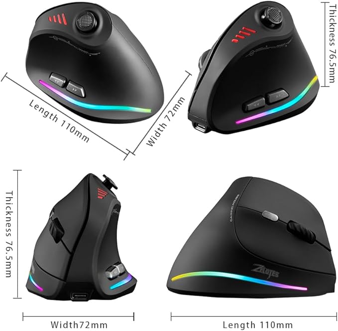 zelotes Bluetooth Wireless Mouse with JoystickRechargeable24.000 DPI11 Programmable ButtonsRGBDual Mode (BT+2.4G USB Receiver)Optical Vertical Ergonomic Gaming Mouse for LaptopPCTablets