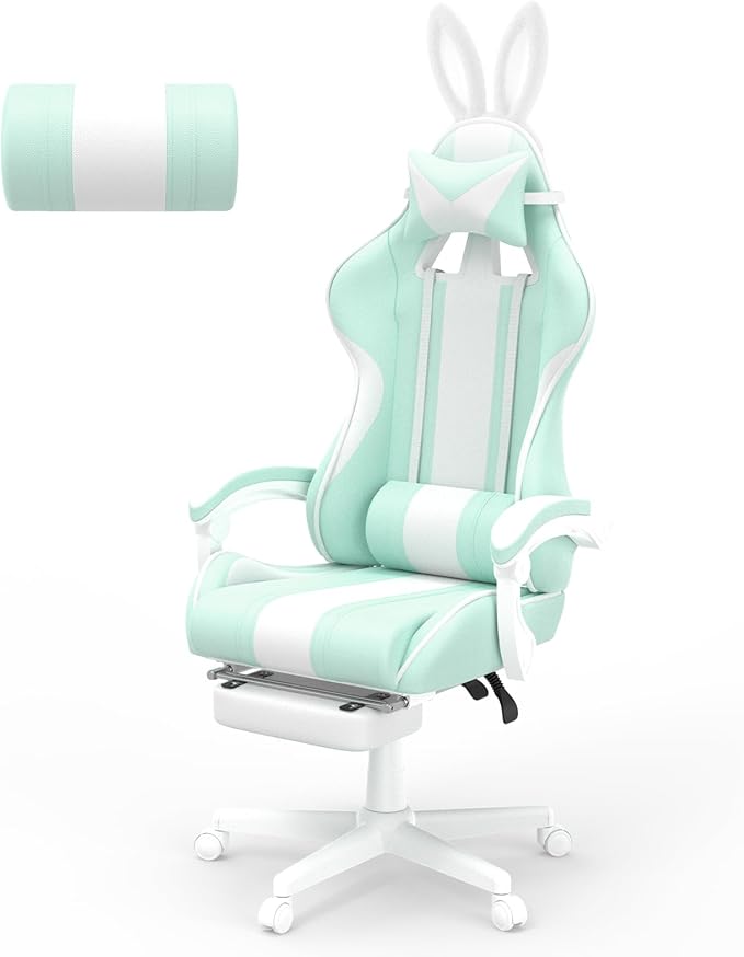 Ferghana Kawaii Light Green Gaming Chair with Bunny Ears Ergonomic Cute Gamer Chair with Footrest and Massage Racing Reclining Leather Computer Game Chair for Girls Adults Teens Kids