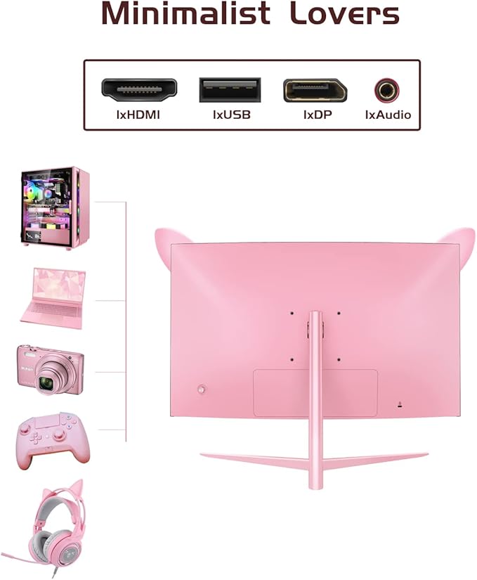 FY27QHP Pink Monitor 27 Inch Curved Gaming 165Hz - Support 144Hz 1800R 1ms QHD 2560 x 1440P VA Screen Built-in Speakers AMD Free-Sync HDMI DP USB AUX Tilt Adjustable