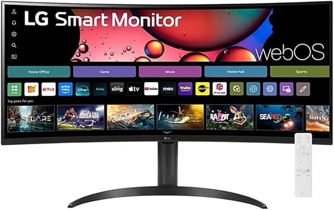 LG 34SR65QC-B 34 Inch Smart Monitor WQHD 1440P Curved Screen with Adjustable Stand Bundle with Elite Suite 18 2X HDMI Cable and Deco Gear CPS Exclusive 26 Month Protection Pack (BEACH-CPS-26M500)