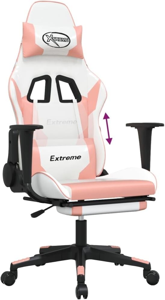 vidaXL White and Pink Gaming Chair with Adjustable Armrests Reclining Mechanism Faux Leather Design for Office Use Modern Ergonomic Footrest Included Chairs Swivel Racing Desk