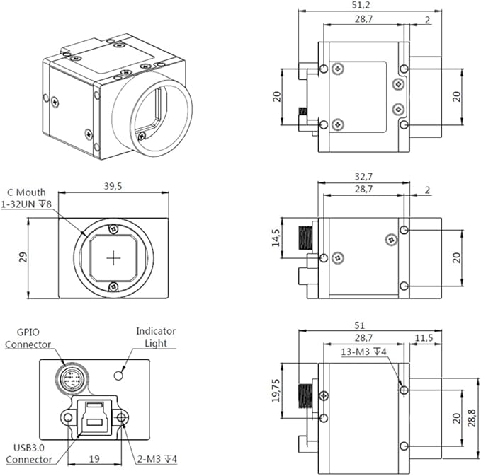 High Speed USB3.0 Mono 12MP 1 Industrial Camera Machine Vision Global Shutter C-Mouth SDK Area Scan Camera 4096X3072 28FPS