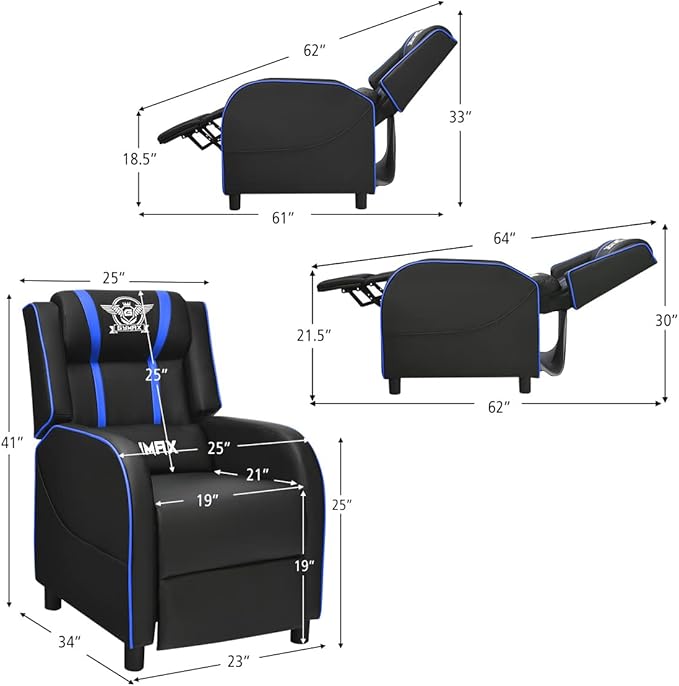 Gaming Recliner Movie Theater Chair w/Adjustable Backrest &amp Footrest Massage Lumbar Pillow Racing Single Sofa PU Leather Reclining Chair for Gaming Room Home Theater (Blue)
