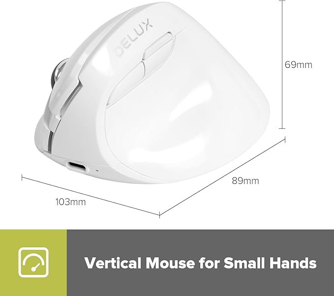 DELUX Wireless Ergonomic Mouse Vertical Mouse for Small Hands Silent Click Ergo Mouse Up to 4000 DPI 6 Buttons Rechargeable 2.4G/BT 5.2 Dual-Mode Compatible with Laptop/PC (M618MINI-White)