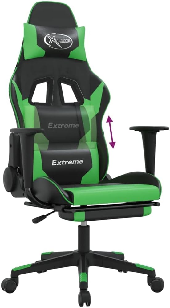SKM Gaming Chair with Footrest Black and Green Faux Leather (16.6 KG/36.52 LBS)