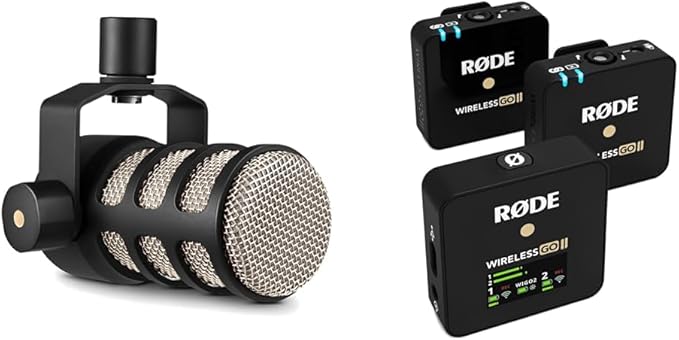 Rode PodMic Cardioid Dynamic Broadcast Microphone Black &amp RØDE Wireless Go II Dual Channel Wireless System with Built-in Microphones