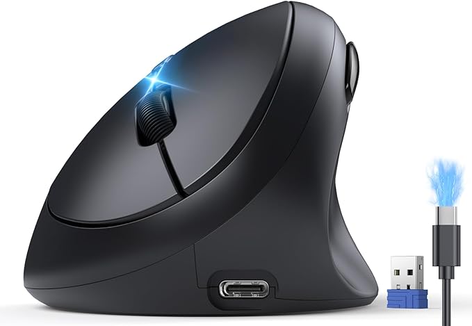 TECKNET Ergonomic Mouse Bluetooth Wireless Vertical Mouse Rechargeable Battery Quiet Clicks 4800 DPI Adjustable BT5.0/3.0 &amp 2.4G Connect Easy to use Wide Compatibility - Black