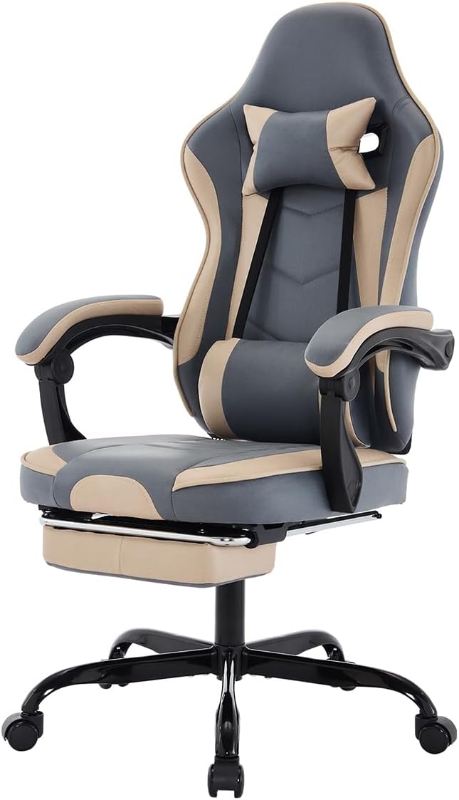 Office Gaming Chairs for Adults Comfortable Computer Gaming Chair with Footrest &amp Headrest and Lumbar Support PU Leather High Back Video Game Chairs (Beige+Blue)
