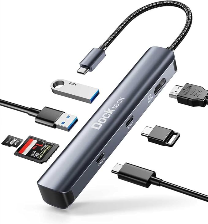 dockteck USB C Hub Multiport Adapter 7 in 1 USB C Dongle with 4K@60Hz HDMI 100W PD USB-C 2 USB-A 5Gbps Data Slots and TF/SD Card Reader Dongle for MacBook Air/Pro Dell XPS Lenovo HP Surface