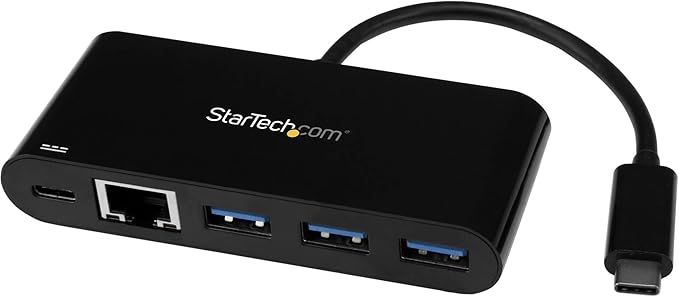 StarTech.com 3 Port USB-C Hub with Gigabit Ethernet &amp 60W Power Delivery Passthrough Laptop Charging - USB-C to 3x USB-A (USB 3.0 SuperSpeed 5Gbps) - USB 3.1/3.2 Gen 1 Type-C Adapter Hub (HB30C3AG
